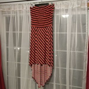 Coral & black striped strapless high-low dress